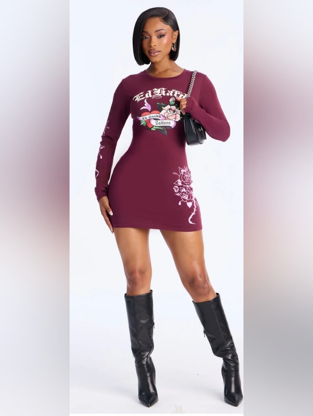 Ed Hardy Burgundy Floral Tattoo-Graphic Long-Sleeve Mini Dress